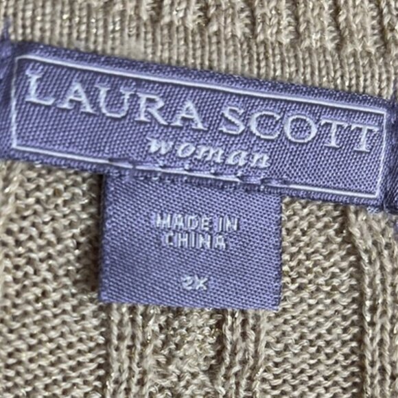 Laura Scott Tan Metallic Gold V-Neck Cable Knit Pullover Sweater 2X - Picture 7 of 9